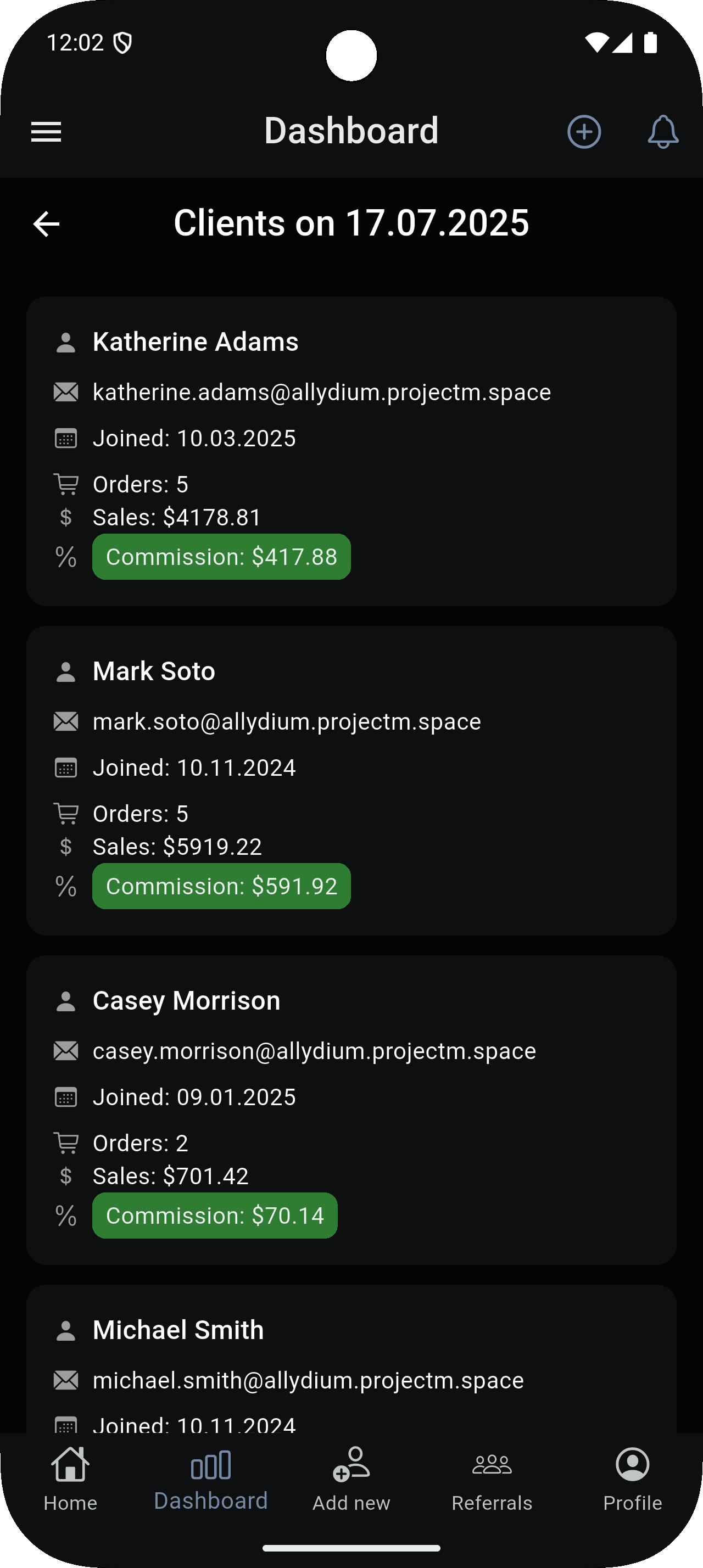 Dashboard orders management interface